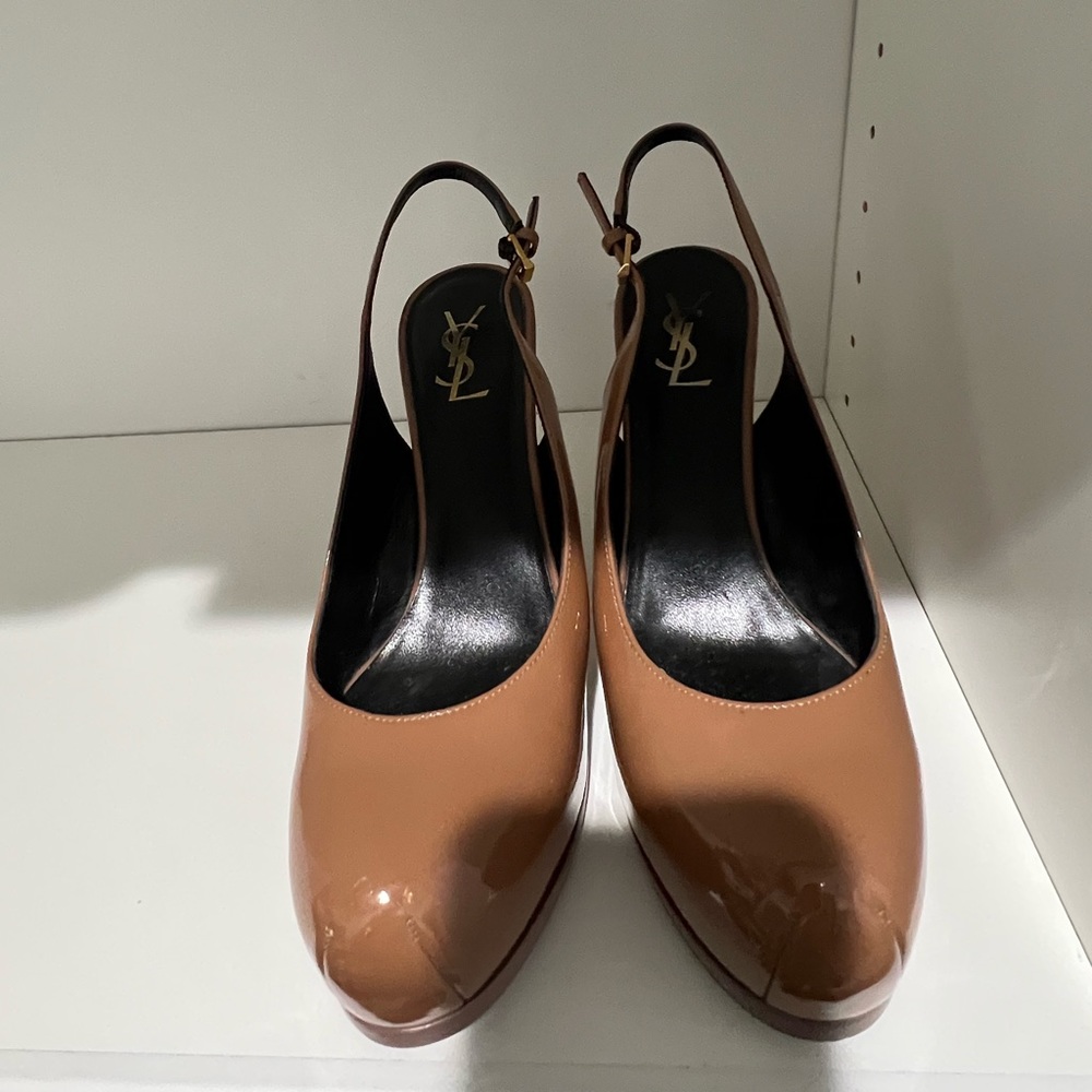 Yves Saint Laurent YSL Tribute Light Brown Leather Slingback Platform Heels